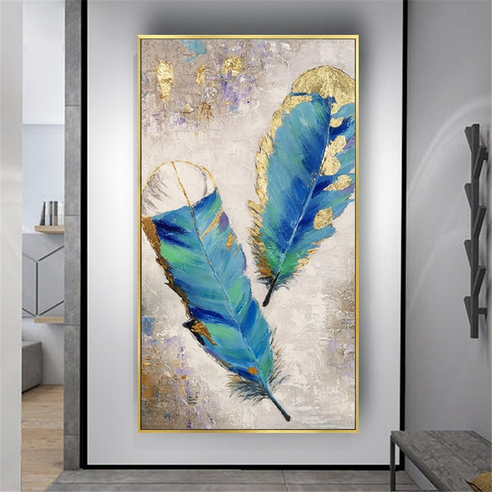 Hand Painted Feather Abstract Gold Foil Oil Painting Modern Home Decoration Wall Art Canvas Painting For Living Room Bedroom,31inx47in,No Frame
