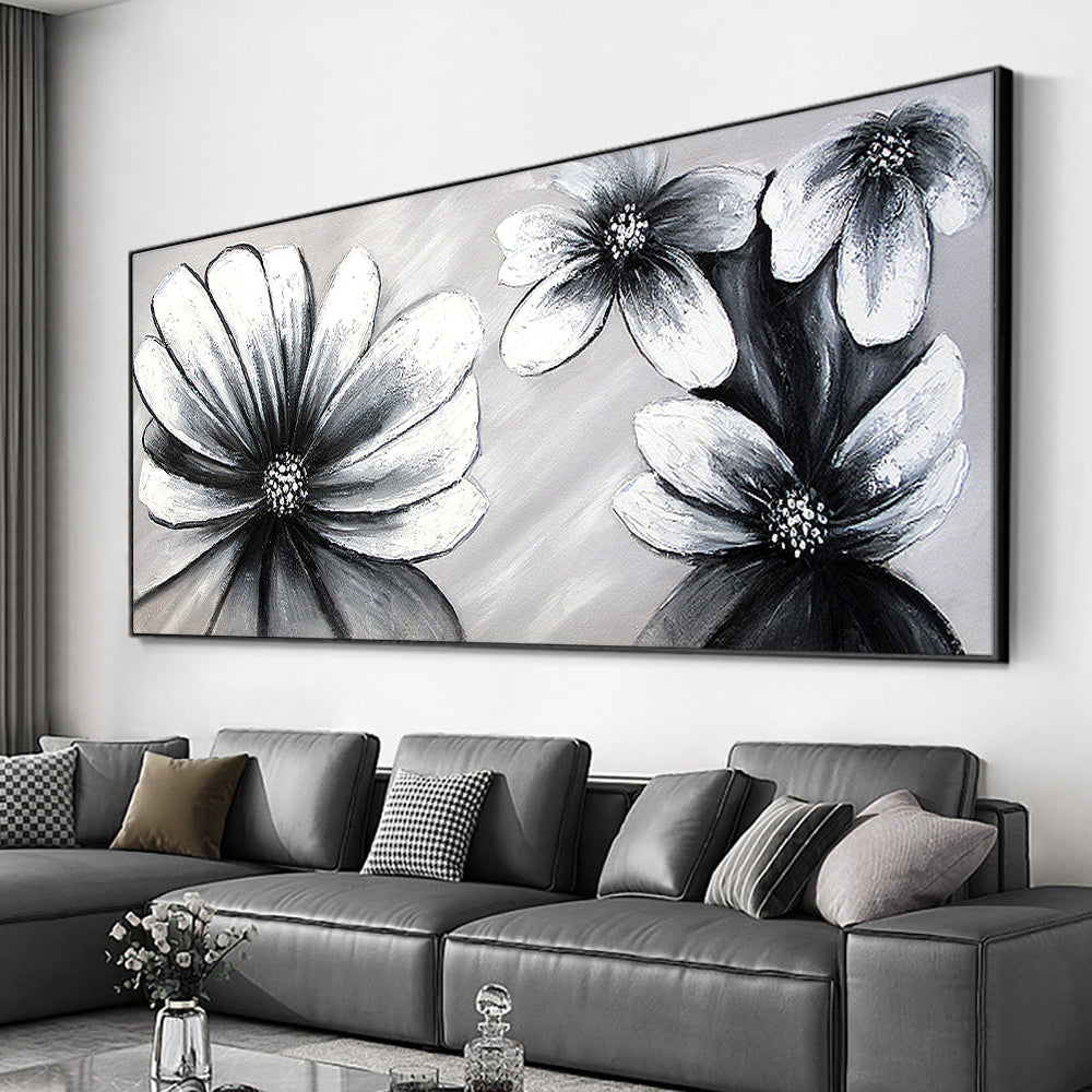 Abstract  Hand Painted Black White Flowers Oil Painting On Canvas Thick Palette Knife Painting Wall,27inx54in,No Frame