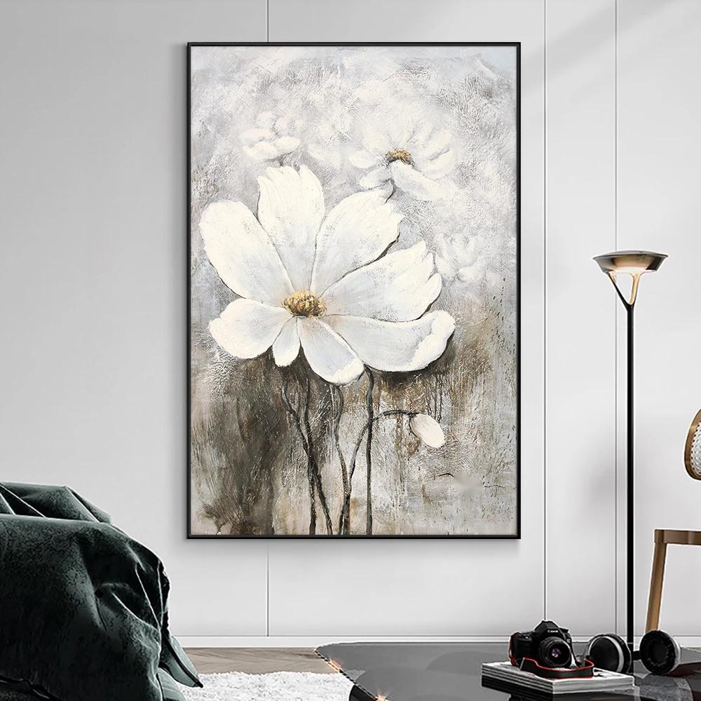 Handmade White Abstract Flower Oil Painting Texture On Canvas Living Room Restaurant Home Decor Wall Art,31inx47in,No Frame