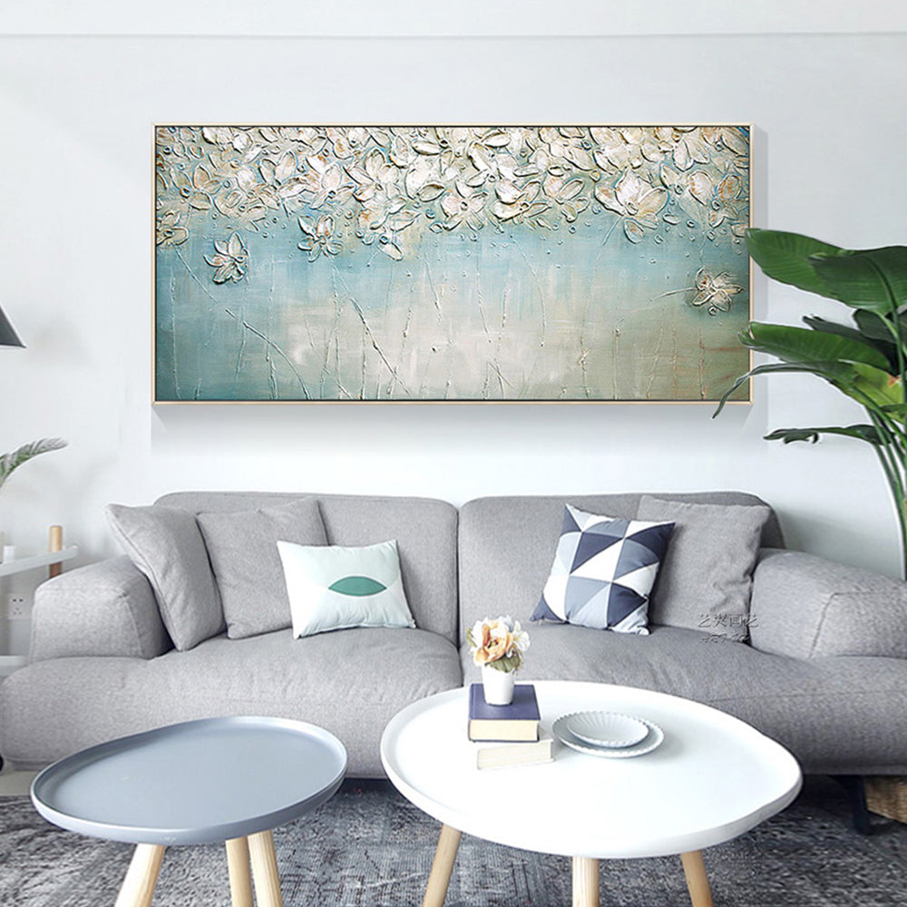 3D Knife Abstract White Flowers Oil Painting Handpainted On Canvas Living Room Salon Home Decoration Painting,27inx54in,No Frame