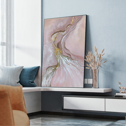 Pure Handpainted Modern Light Luxury Living Room Decoration Painting Gold Pink Simple Abstract Three Dimensional Hanging,31inx47in,No Frame