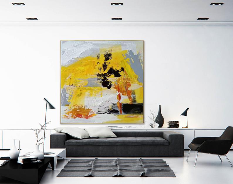 LargeAcrylicPaintingYellowAbstractPaintingExtraLargeCanvasArtModernWallArtCanvasTexturedWall 31in,No Frame