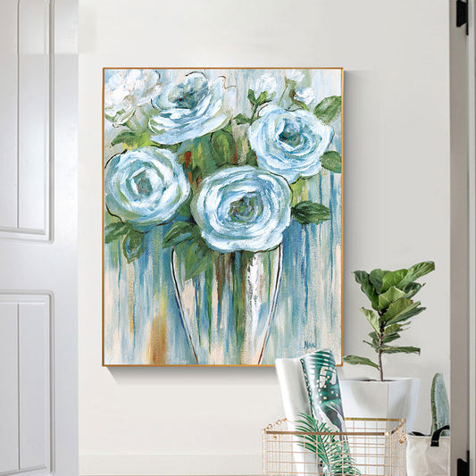 Hand Painted Oil Painting White Rose Canvas Art Handmade Morden Wall Canvas Oil Painting For Home Living Room,31inx47in,No Frame