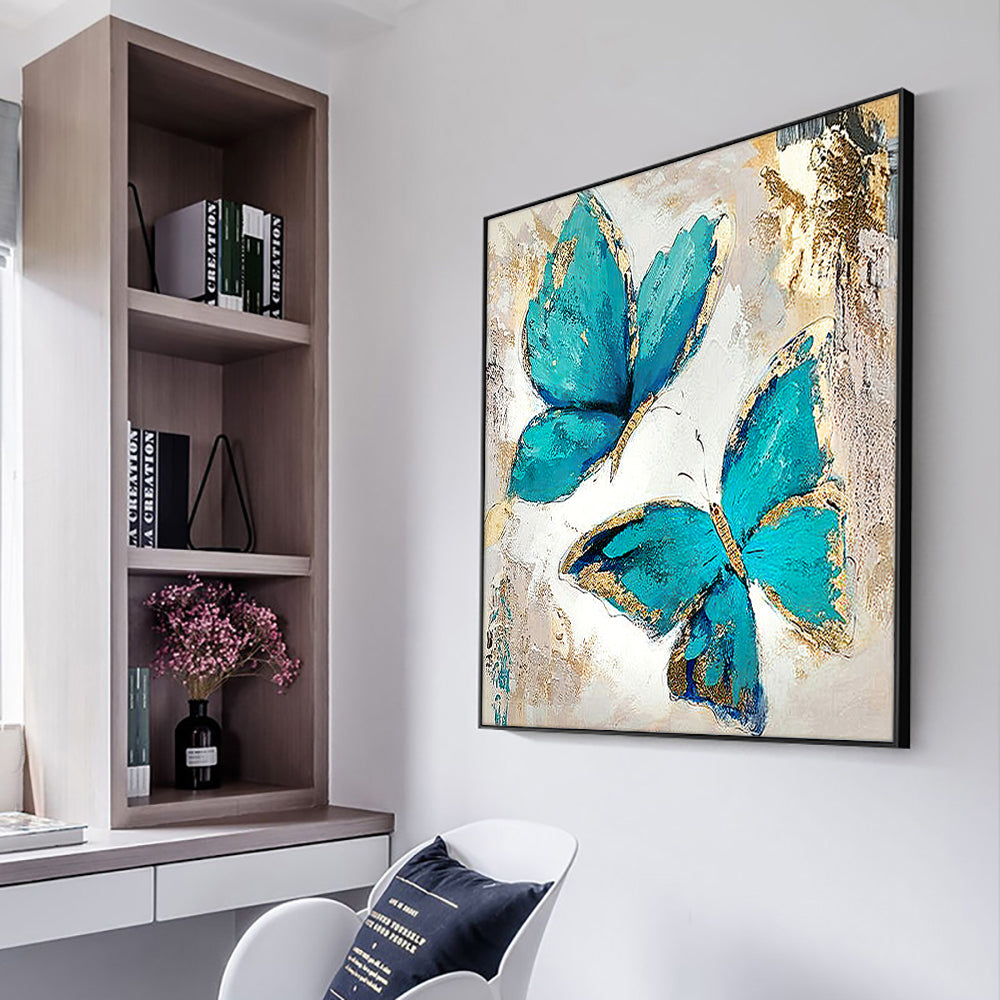 Abstract Blue Butterflies With Gold Foil Painting  Hand Painted On Canvas Handmade Oil Painting Wall,31inx31in,No Frame