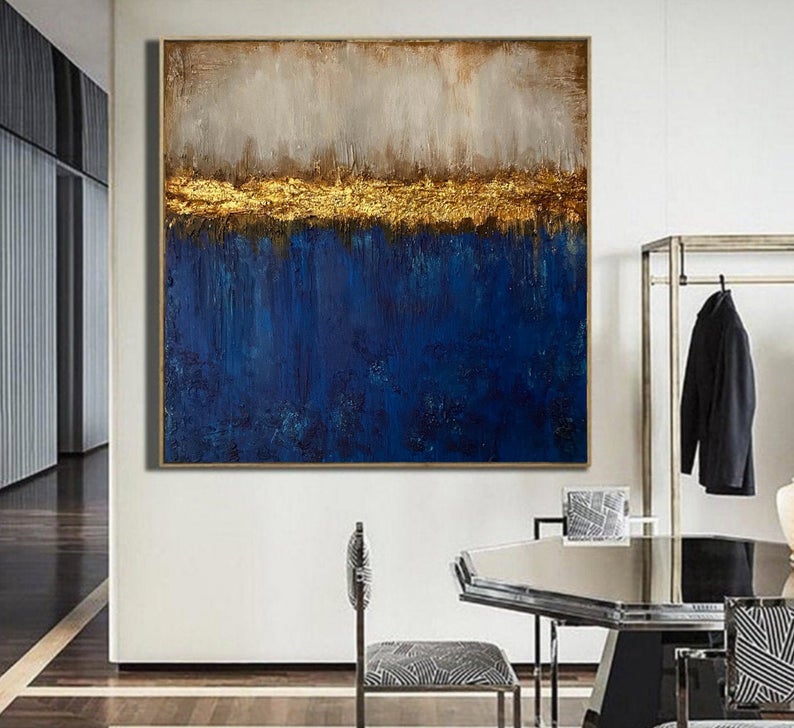 Handmade Blue Gold Leaf Acrylic Painting Textured Abstract Painting On Ready To Hang Canvas Gold Foil Oversized Wall Art31in,No Frame