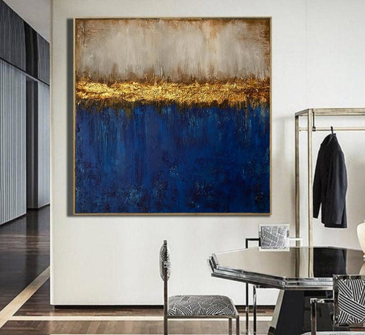 Handmade Blue Gold Leaf Acrylic Painting Textured Abstract Painting On Ready To Hang Canvas Gold Foil Oversized Wall Art31in,No Frame