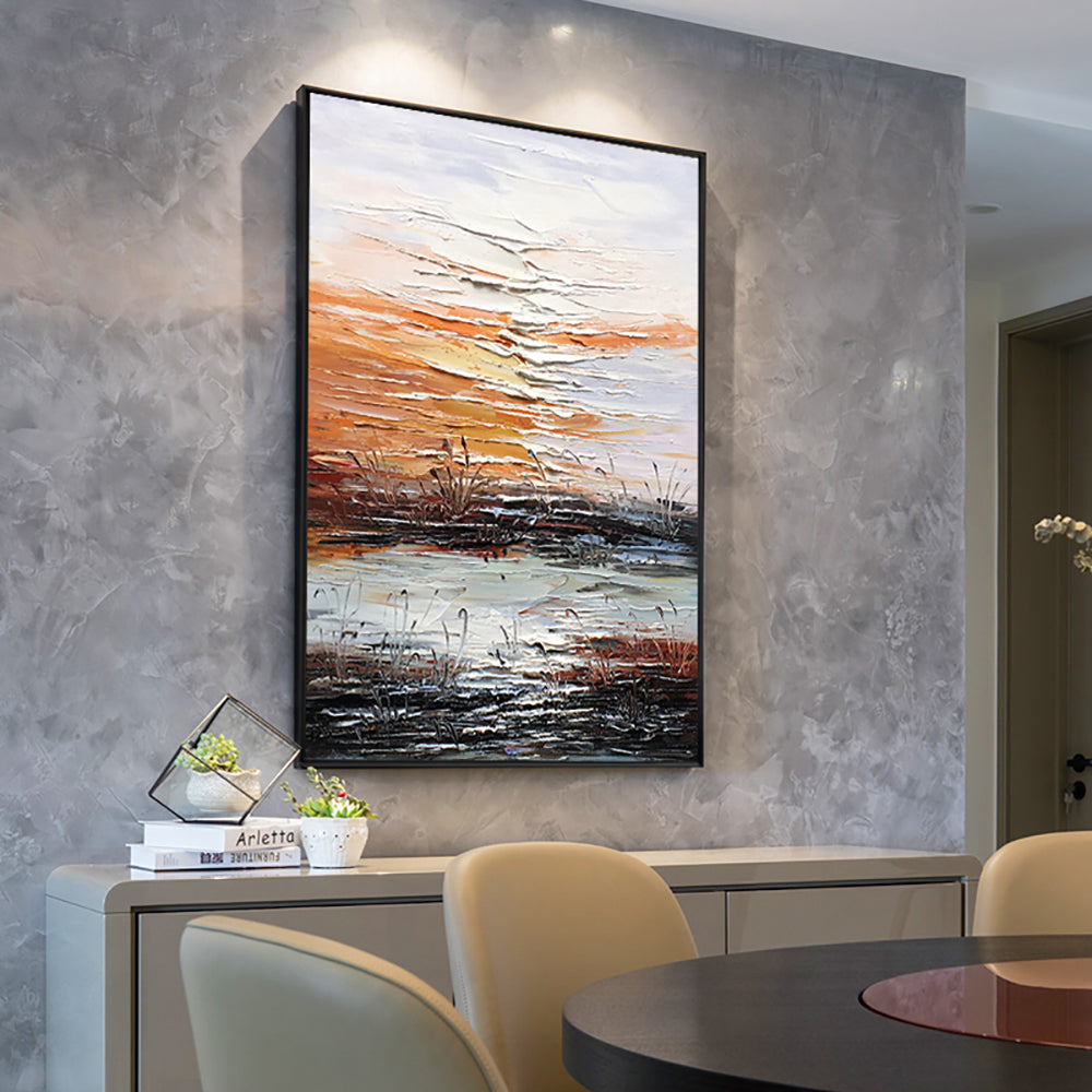 Modern Abstract Painting Hand Painted Landscape Lake Oil Painting Wall Art Abstract Textured Art On Canvas,31inx47in,No Frame