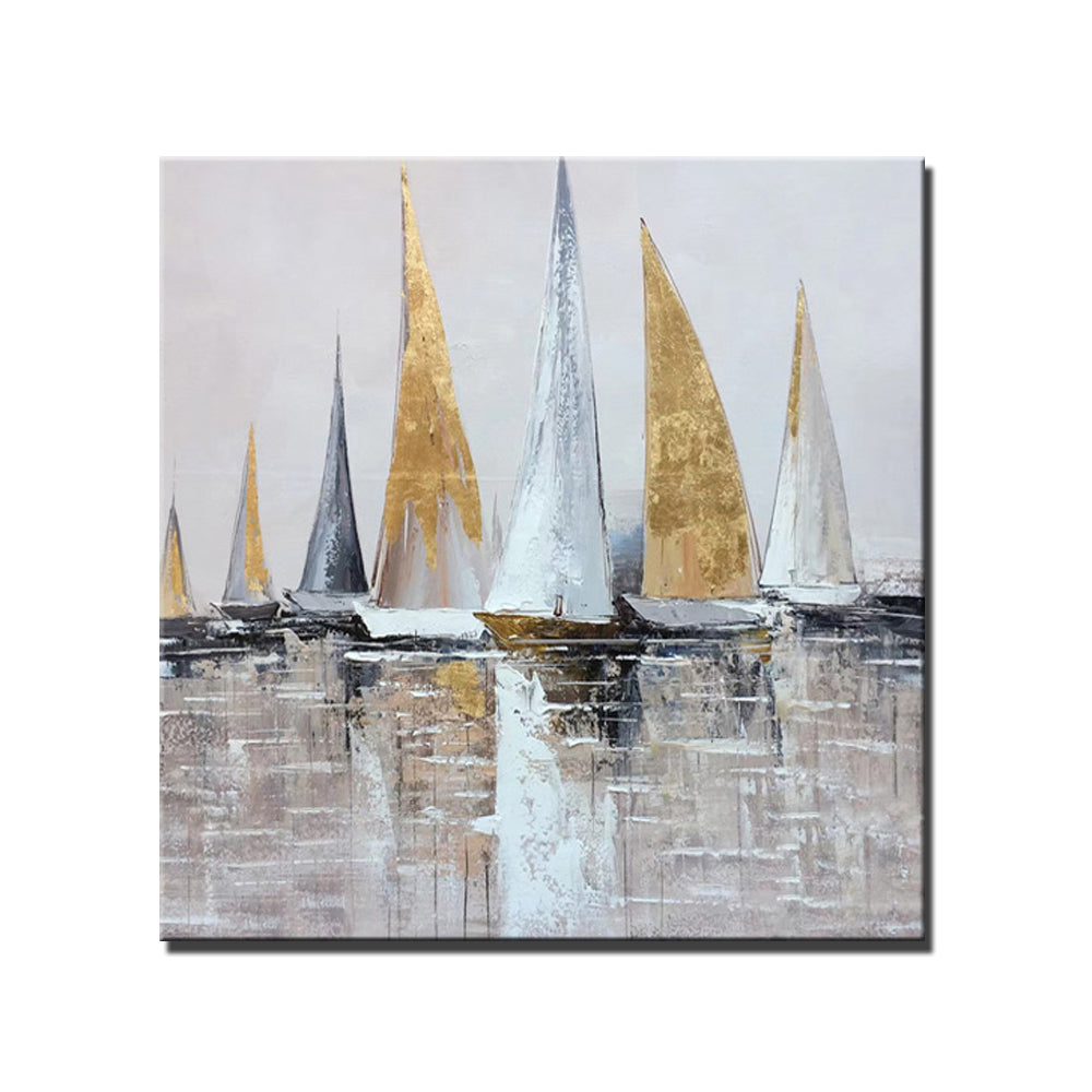 Abstract Canvas Oil Painting Hand Painted Landscape Gold Sailing Boat Home Mural Large Size Handmade Decoracion,31inx31in,No Frame