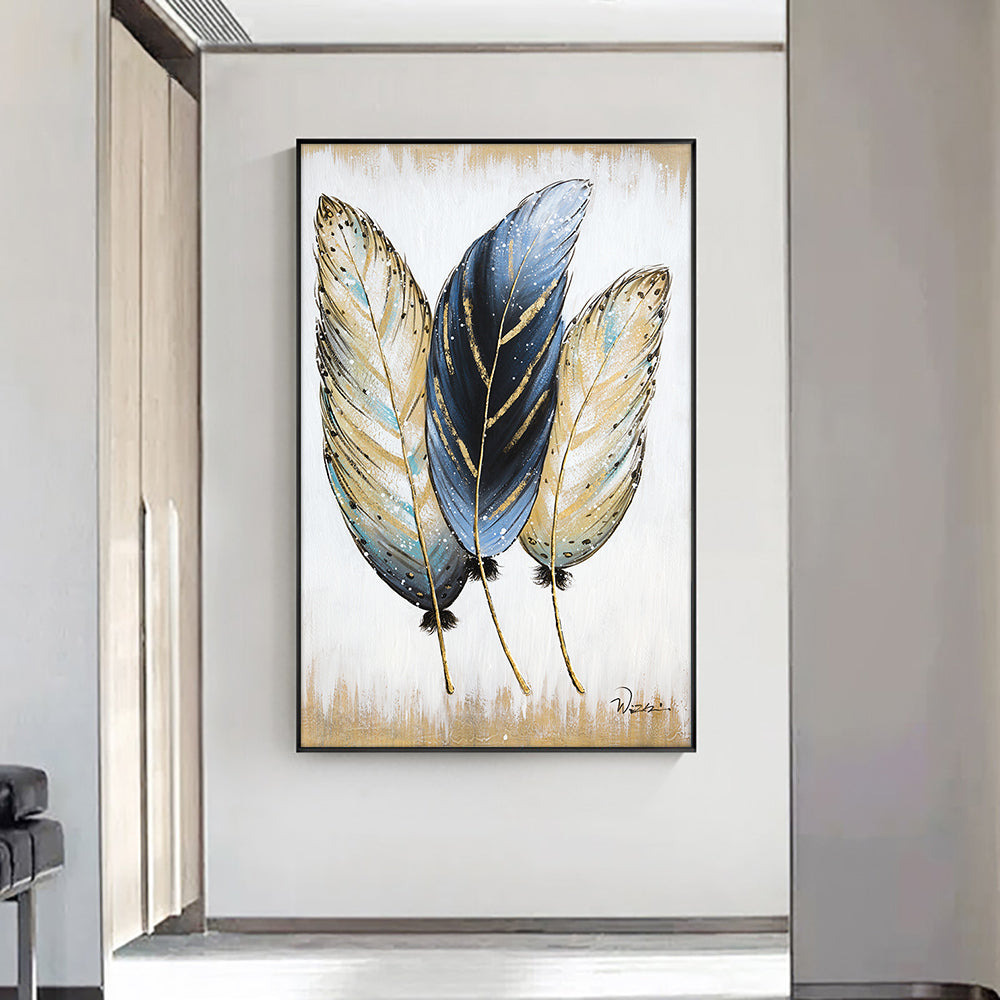 Abstract 3pcs Feathers Hand Painted Oil Painting On Canvas Handmade Abstract Modern Wall Art Painting For Living Room,31inx47in,No Frame