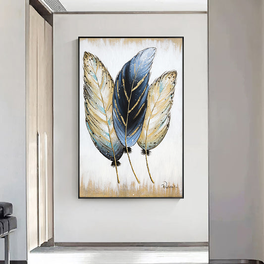 Abstract 3pcs Feathers Hand Painted Oil Painting On Canvas Handmade Abstract Modern Wall Art Painting For Living Room,31inx47in,No Frame