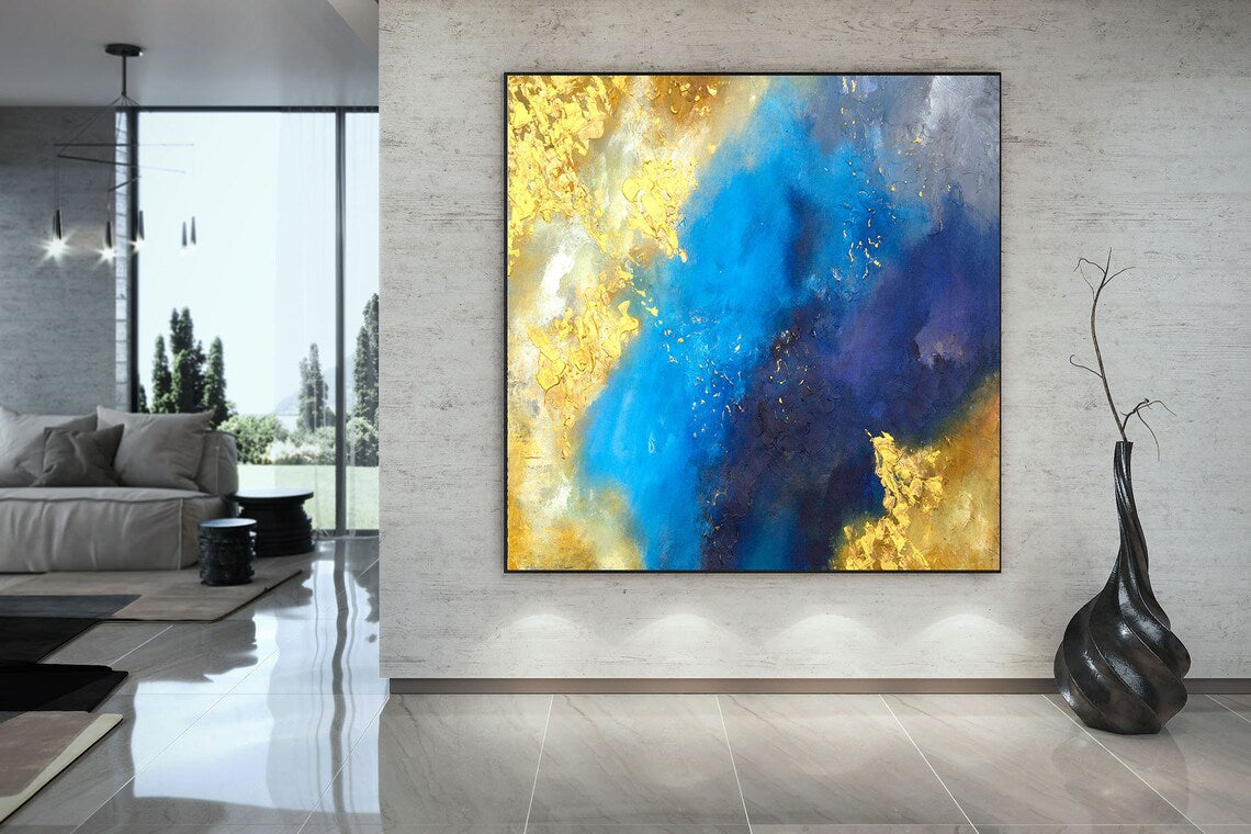 Contemporary Wall Art Abstract Painting on Canvas Original Oversize Painting Extra Large Wall Art Room Decor Blue Gold Painting31in,No Frame
